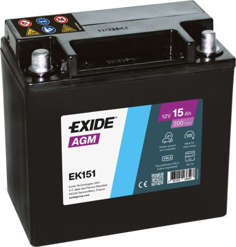 Exide AGM 15Ah 200A Bal+ Akkumulátor (EK151)