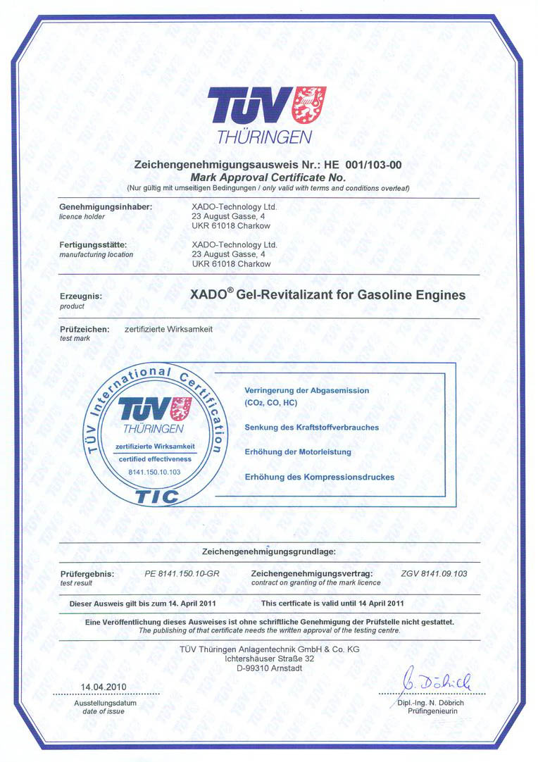 Xado TUV igazolás XADO gél